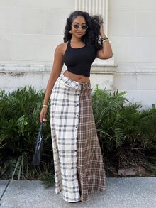 Alexandranx Mixed Plaid Button Front Skirt Fashionable Streetwear Fold Over Maxi Skirt, Back To School - Multicolor - View 3
