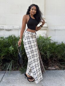 Alexandranx Mixed Plaid Button Front Skirt Fashionable Streetwear Fold Over Maxi Skirt, Back To School - Multicolor - View 5