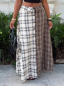 Alexandranx Mixed Plaid Button Front Skirt Fashionable Streetwear Fold Over Maxi Skirt, Back To School - Multicolor - View 6