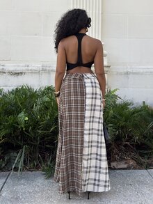 Alexandranx Mixed Plaid Button Front Skirt Fashionable Streetwear Fold Over Maxi Skirt, Back To School - Multicolor - View 2
