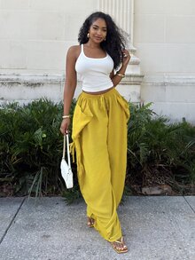 Alexandranx Women's Mustard Yellow Summer Boho Vacation Loose Drawstring Pants,Elastic Waist Baggy Viscose Bottoms With Pockets,Casual Bohemian Street Style - Mustard Yellow - View 2