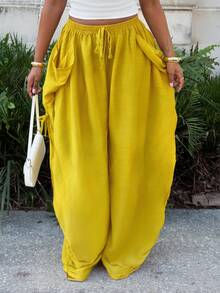 Alexandranx Women's Mustard Yellow Summer Boho Vacation Loose Drawstring Pants,Elastic Waist Baggy Viscose Bottoms With Pockets,Casual Bohemian Street Style - Mustard Yellow - View 7