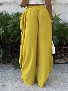 Alexandranx Women's Mustard Yellow Summer Boho Vacation Loose Drawstring Pants,Elastic Waist Baggy Viscose Bottoms With Pockets,Casual Bohemian Street Style - Mustard Yellow - View 3