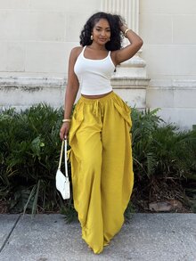 Alexandranx Women's Mustard Yellow Summer Boho Vacation Loose Drawstring Pants,Elastic Waist Baggy Viscose Bottoms With Pockets,Casual Bohemian Street Style - Mustard Yellow - View 5