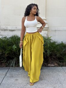Alexandranx Women's Mustard Yellow Summer Boho Vacation Loose Drawstring Pants,Elastic Waist Baggy Viscose Bottoms With Pockets,Casual Bohemian Street Style - Mustard Yellow - View 6