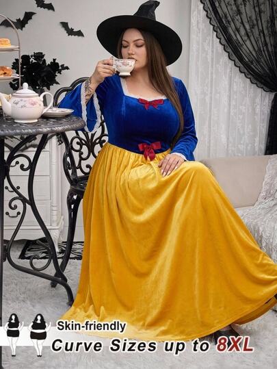 SHEIN CURVE+ Plus Size Dress 22W Autumn/Winter New Colorblock Dress, Lace Trim Collar Flared Sleeve Long Dress, Halloween Party Holiday Style, Suitable For Super Plus Size 5XL Women