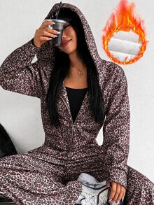 StreetHx Jaket Sweatshirt Berkerudung Longgar Motif Leopard untuk Wanita Musim Gugur/Dingin - Coklat - View 3