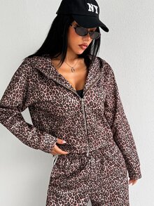 StreetHx Jaket Sweatshirt Berkerudung Longgar Motif Leopard untuk Wanita Musim Gugur/Dingin - Coklat - View 6