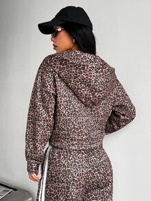 StreetHx Jaket Sweatshirt Berkerudung Longgar Motif Leopard untuk Wanita Musim Gugur/Dingin - Coklat - View 2