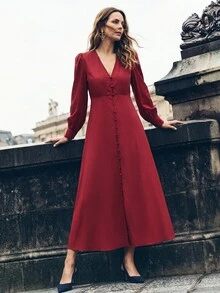 Dayvera Women's Elegant V-Neck A-Line Red Party Dress, Christmas Dress, 50% Rayon Dress - Bright Red - View 7