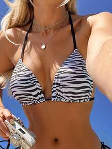 2025 Vacation Beach Zebra Print Swimsuit Top - Black and White - View 6