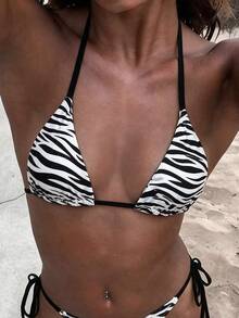 2025 Vacation Beach Zebra Print Swimsuit Top - Black and White - View 3
