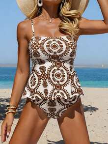SHEIN Swim 2件組女款坦克比基尼泳衣 白色 夏季 波西米亞風 achelorette派對 海灘 度假 無肩帶露背幾何印花收腰泳裝 泳池派對 - 棕色 - 查看 5