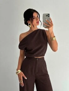 Firerie 女款深棕色夏季休閒優雅度假露肩無袖上衣與鬆緊腰寬腿褲套裝，適合派對 - 棕色 - 查看 8