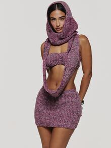 MUSERA Purple Knit Hooded Top And Low Rise Shorts Bandeau Top Co Ord Sold As Set Fall Winter Coolgirl Halloween Ultra M - Multicolor - View 2