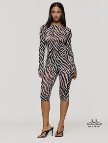 MUSERA Atasan Lengan Panjang Jala Motif Zebra dan Celana Capri Pinggang Rendah Dijual Sebagai Satu Set Musim Gugur Musim Dingin Coolgirl Rave Festival Halloween Ultra M - MultiWarna - View 1