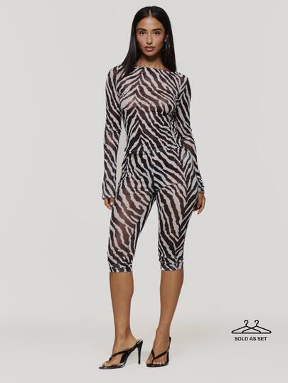 MUSERA Atasan Lengan Panjang Jala Motif Zebra dan Celana Capri Pinggang Rendah Dijual Sebagai Satu Set Musim Gugur Musim Dingin Coolgirl Rave Festival Halloween Ultra M