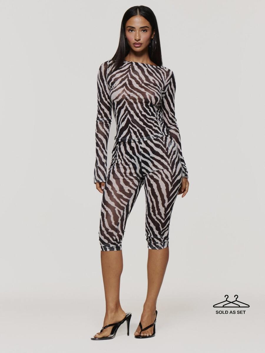 MUSERA Atasan Lengan Panjang Jala Motif Zebra dan Celana Capri Pinggang Rendah Dijual Sebagai Satu Set Musim Gugur Musim Dingin Coolgirl Rave Festival Halloween Ultra M - MultiWarna - View 1