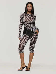 MUSERA Atasan Lengan Panjang Jala Motif Zebra dan Celana Capri Pinggang Rendah Dijual Sebagai Satu Set Musim Gugur Musim Dingin Coolgirl Rave Festival Halloween Ultra M - MultiWarna - View 3