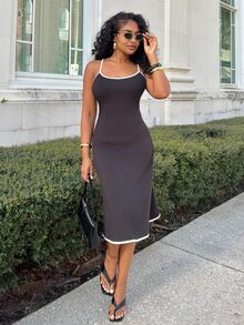 Alexandranx Women's Casual Color Block Trim Sleeveless Midi Dress, Summer - Black - View 4