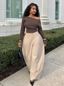 Alexandranx 女士纯色羊绒保暖不对称领口褶裥休闲长袖T恤，适合音乐节、街头风、休闲外出穿着，棕色羊绒上衣，秋冬保暖上衣，可作为外套叠穿，深棕色上衣 - 咖啡棕 - 查看 3