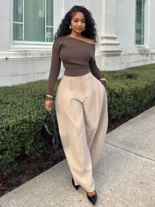 Alexandranx 女士纯色羊绒保暖不对称领口褶裥休闲长袖T恤，适合音乐节、街头风、休闲外出穿着，棕色羊绒上衣，秋冬保暖上衣，可作为外套叠穿，深棕色上衣 - 咖啡棕 - 查看 4