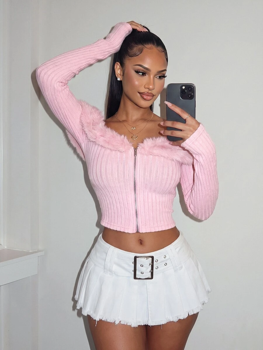 Amplova Off Shoulder Fuzzy Trim Crop Pink Jacket In Fall/Winter - Baby Pink - View 1