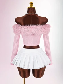 Amplova Off Shoulder Fuzzy Trim Crop Pink Jacket In Fall/Winter - Baby Pink - View 6