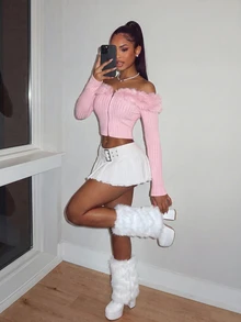 Amplova Off Shoulder Fuzzy Trim Crop Pink Jacket In Fall/Winter - Baby Pink - View 3