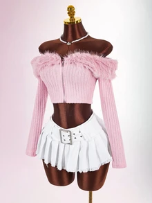 Amplova Off Shoulder Fuzzy Trim Crop Pink Jacket In Fall/Winter - Baby Pink - View 8