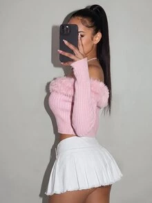 Amplova Off Shoulder Fuzzy Trim Crop Pink Jacket In Fall/Winter - Baby Pink - View 2