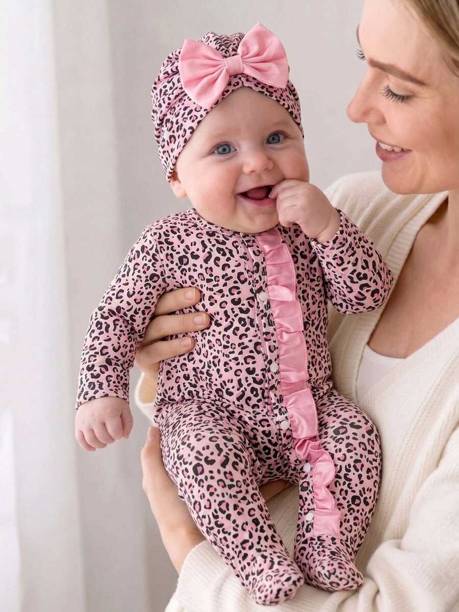 SHEIN Autumn/Winter Newborn Leopard Print Cute Baby Romper Jumpsuit 2pcs Set - Pink - View 1