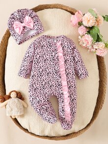 SHEIN Autumn/Winter Newborn Leopard Print Cute Baby Romper Jumpsuit 2pcs Set - Pink - View 6