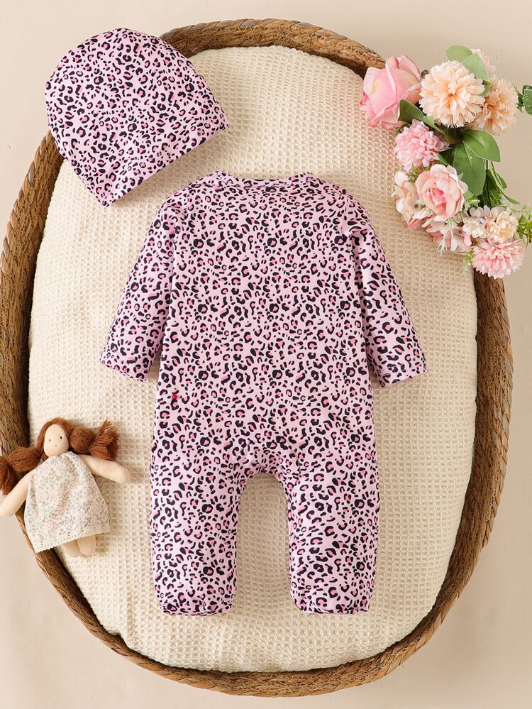 SHEIN Autumn/Winter Newborn Leopard Print Cute Baby Romper Jumpsuit 2pcs Set - Pink - View 2