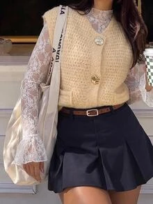 SHEIN Frenchy Rompi Sweater Wanita dengan Gesper Logam Bertekstur, Bagian Depan Terbuka, Kerah Bulat, Kancing Depan, Saku, Potongan Longgar, Cocok untuk Berlapis, Gaya Preppy, Pakaian Kembali ke Sekolah Musim Gugur - Kuning muda - View 8