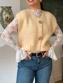 SHEIN Frenchy Rompi Sweater Wanita dengan Gesper Logam Bertekstur, Bagian Depan Terbuka, Kerah Bulat, Kancing Depan, Saku, Potongan Longgar, Cocok untuk Berlapis, Gaya Preppy, Pakaian Kembali ke Sekolah Musim Gugur - Kuning muda - View 10