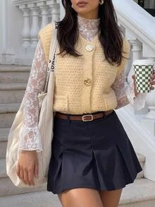 SHEIN Frenchy Rompi Sweater Wanita dengan Gesper Logam Bertekstur, Bagian Depan Terbuka, Kerah Bulat, Kancing Depan, Saku, Potongan Longgar, Cocok untuk Berlapis, Gaya Preppy, Pakaian Kembali ke Sekolah Musim Gugur - Kuning muda - View 1