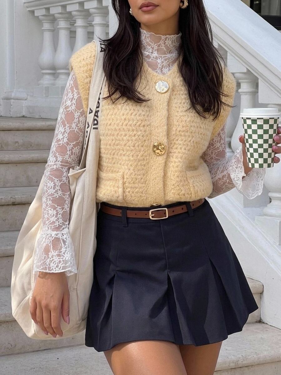 SHEIN Frenchy Rompi Sweater Wanita dengan Gesper Logam Bertekstur, Bagian Depan Terbuka, Kerah Bulat, Kancing Depan, Saku, Potongan Longgar, Cocok untuk Berlapis, Gaya Preppy, Pakaian Kembali ke Sekolah Musim Gugur - Kuning muda - View 1