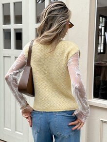 SHEIN Frenchy Rompi Sweater Wanita dengan Gesper Logam Bertekstur, Bagian Depan Terbuka, Kerah Bulat, Kancing Depan, Saku, Potongan Longgar, Cocok untuk Berlapis, Gaya Preppy, Pakaian Kembali ke Sekolah Musim Gugur - Kuning muda - View 2