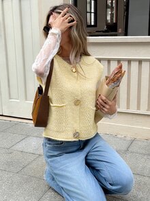 SHEIN Frenchy Rompi Sweater Wanita dengan Gesper Logam Bertekstur, Bagian Depan Terbuka, Kerah Bulat, Kancing Depan, Saku, Potongan Longgar, Cocok untuk Berlapis, Gaya Preppy, Pakaian Kembali ke Sekolah Musim Gugur - Kuning muda - View 5