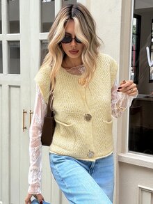 SHEIN Frenchy Rompi Sweater Wanita dengan Gesper Logam Bertekstur, Bagian Depan Terbuka, Kerah Bulat, Kancing Depan, Saku, Potongan Longgar, Cocok untuk Berlapis, Gaya Preppy, Pakaian Kembali ke Sekolah Musim Gugur - Kuning muda - View 7