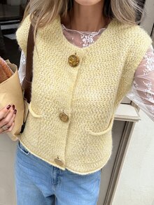 SHEIN Frenchy Rompi Sweater Wanita dengan Gesper Logam Bertekstur, Bagian Depan Terbuka, Kerah Bulat, Kancing Depan, Saku, Potongan Longgar, Cocok untuk Berlapis, Gaya Preppy, Pakaian Kembali ke Sekolah Musim Gugur - Kuning muda - View 6