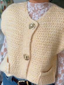 SHEIN Frenchy Rompi Sweater Wanita dengan Gesper Logam Bertekstur, Bagian Depan Terbuka, Kerah Bulat, Kancing Depan, Saku, Potongan Longgar, Cocok untuk Berlapis, Gaya Preppy, Pakaian Kembali ke Sekolah Musim Gugur - Kuning muda - View 4
