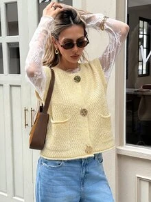 SHEIN Frenchy Rompi Sweater Wanita dengan Gesper Logam Bertekstur, Bagian Depan Terbuka, Kerah Bulat, Kancing Depan, Saku, Potongan Longgar, Cocok untuk Berlapis, Gaya Preppy, Pakaian Kembali ke Sekolah Musim Gugur - Kuning muda - View 9
