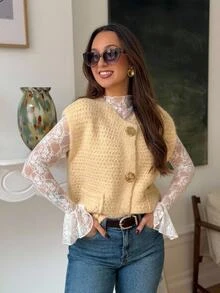 SHEIN Frenchy Rompi Sweater Wanita dengan Gesper Logam Bertekstur, Bagian Depan Terbuka, Kerah Bulat, Kancing Depan, Saku, Potongan Longgar, Cocok untuk Berlapis, Gaya Preppy, Pakaian Kembali ke Sekolah Musim Gugur - Kuning muda - View 3