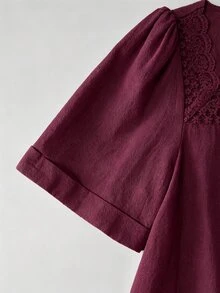 Balvessa 白色方領蕾絲拼接女款休閒襯衫 - 酒紅色 - 查看 3