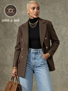 LUMIGAL Double Breasted Flap Detail Blazer - Coffee Brown - View 4