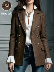 LUMIGAL Double Breasted Flap Detail Blazer - Coffee Brown - View 1