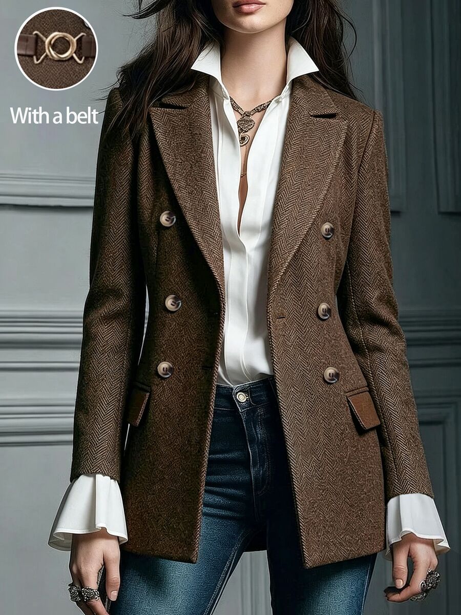 LUMIGAL Double Breasted Flap Detail Blazer - Coffee Brown - View 1
