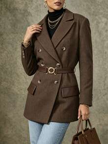 LUMIGAL Double Breasted Flap Detail Blazer - Coffee Brown - View 5